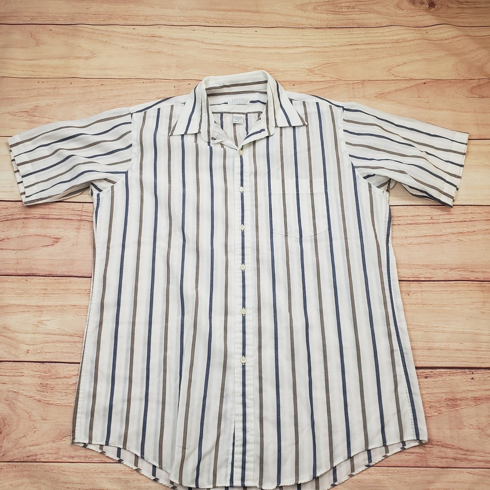 Arrow Bradstreet Shirt Mens 16 White Blue‎ Tan Short Sleeve Striped Button Down